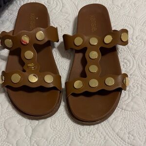 Kensie Tan Sandals with Gold Studs